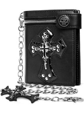 Unisex Jesus Cross Skull Gothic Chain Leather Bifold Punk Wallet
